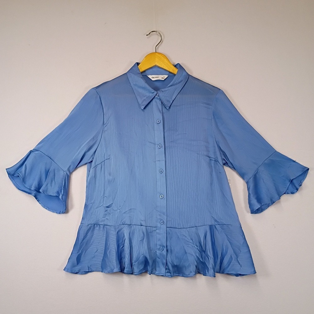 Romantic Nine West Women Size S Blue Ruffle Hem Bell Sleeve Textured Blouse